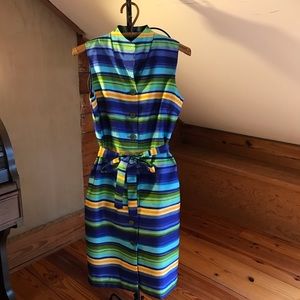 Sag Harbor Blue Green Striped Belted Fitted Dress, EUC, 8
